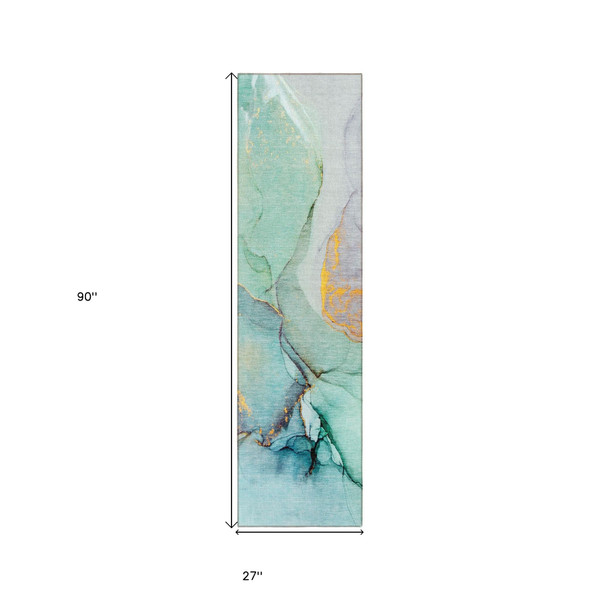 8' Runner Teal Abstract Washable Non Skid Indoor Outdoor Runner Rug N270-559713