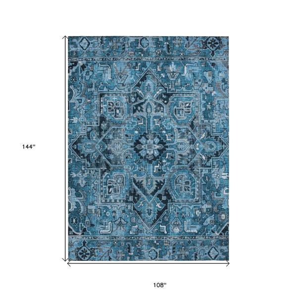9' X 12' Denim and Gray Oriental Washable Non Skid Indoor Outdoor Area Rug N270-563752