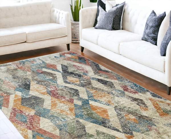 8' X 10' Beige Blue and Gray Geometric Distressed Area Rug With Fringe N270-555329