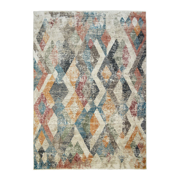 8' X 10' Beige Blue and Gray Geometric Distressed Area Rug With Fringe N270-555329