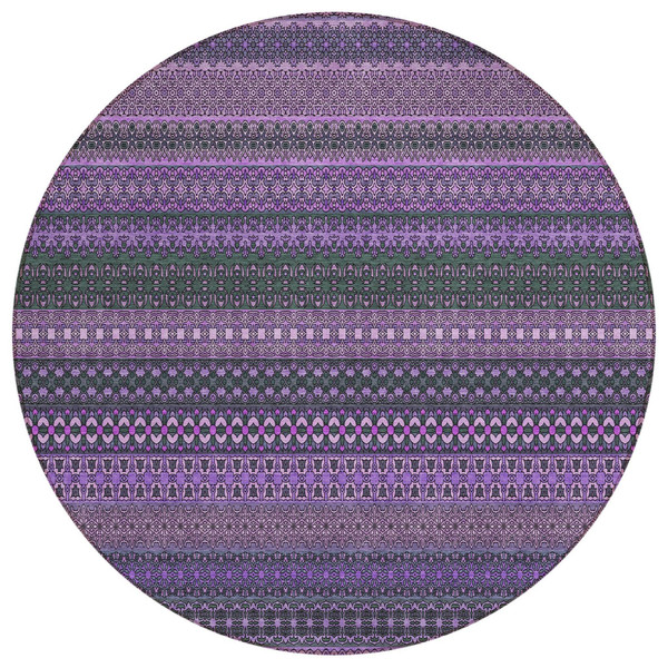 8' Round Purple Round Striped Washable Non Skid Indoor Outdoor Area Rug N270-560776