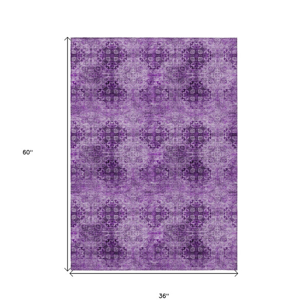 3' X 5' Eggplant Floral Medallion Washable Non Skid Indoor Outdoor Area Rug N270-562947