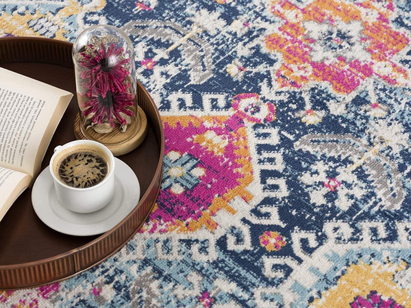 8' Runner Blue and Ivory Oriental Runner Rug N270-392861