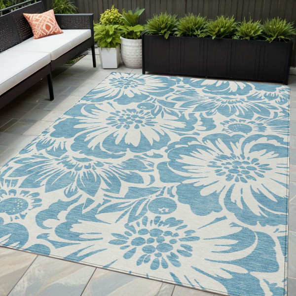 5' X 8' Denim and Ivory Floral Washable Non Skid Indoor Outdoor Area Rug N270-562438