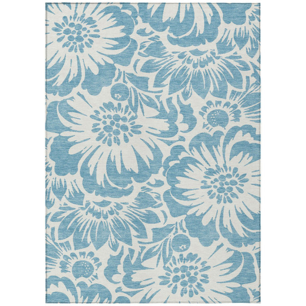 5' X 8' Denim and Ivory Floral Washable Non Skid Indoor Outdoor Area Rug N270-562438