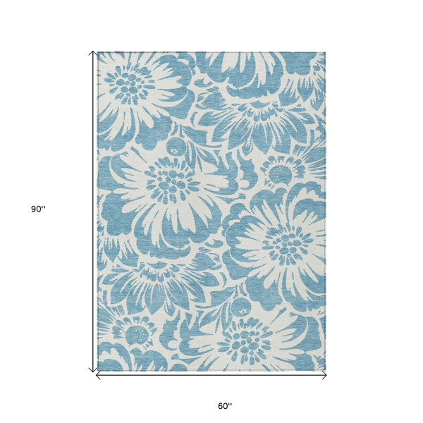 5' X 8' Denim and Ivory Floral Washable Non Skid Indoor Outdoor Area Rug N270-562438