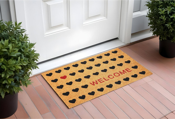17" X 29" Natural and Black Coir Heart Welcome Outdoor Valentine's Day Door Mat N270-555240