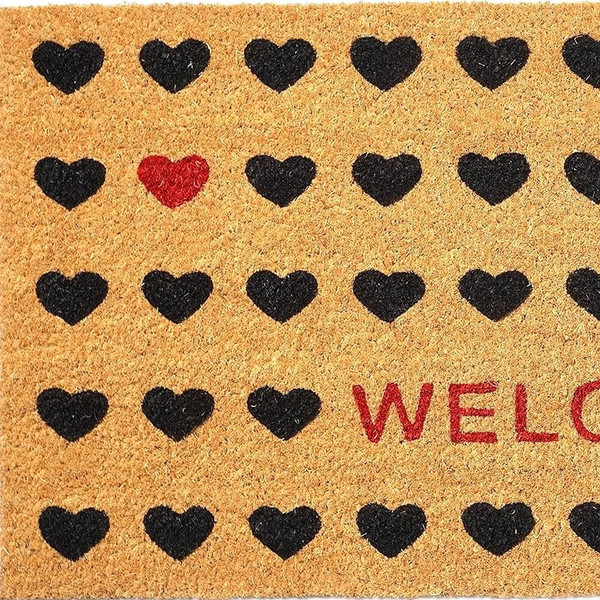 17" X 29" Natural and Black Coir Heart Welcome Outdoor Valentine's Day Door Mat N270-555240