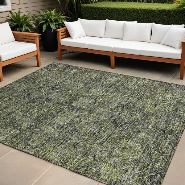 9' X 12' Moss Green and Gray Oriental Washable Non Skid Indoor Outdoor Area Rug N270-563815