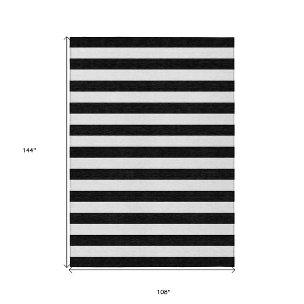 9' X 12' Black and White Striped Washable Non Skid Indoor Outdoor Area Rug N270-560805
