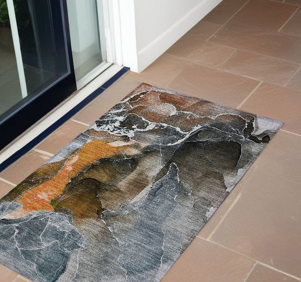 2' X 3' Orange Abstract Washable Non Skid Indoor Outdoor Area Rug N270-559460