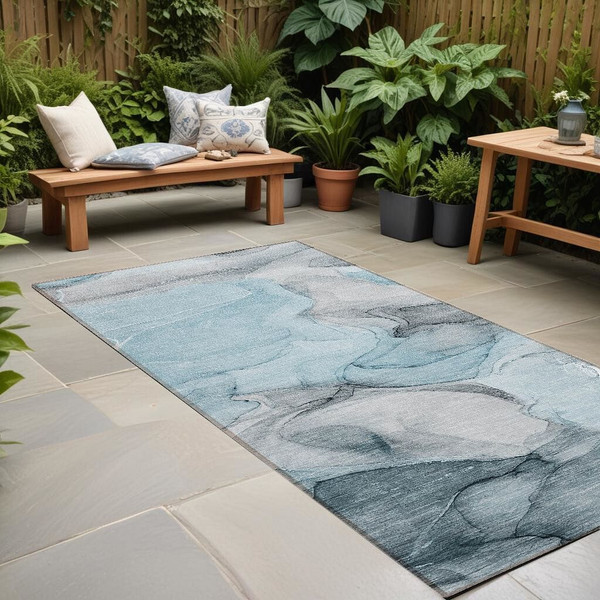 8' Runner Teal Abstract Washable Non Skid Indoor Outdoor Runner Rug N270-559533