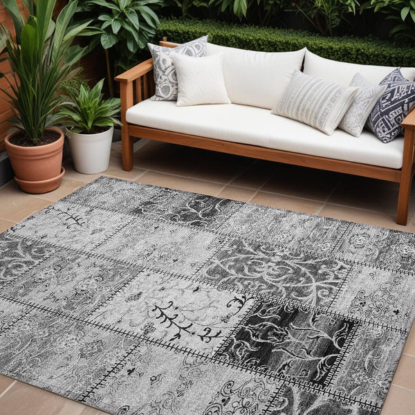 9' X 12' Gray Patchwork Washable Non Skid Indoor Outdoor Area Rug N270-563554