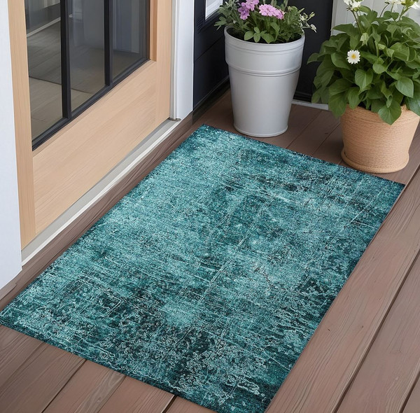 3' X 5' Teal Abstract Washable Non Skid Indoor Outdoor Area Rug N270-563154
