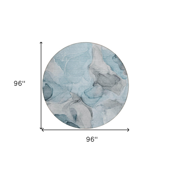 8' Round Teal Round Abstract Washable Non Skid Indoor Outdoor Area Rug N270-559537