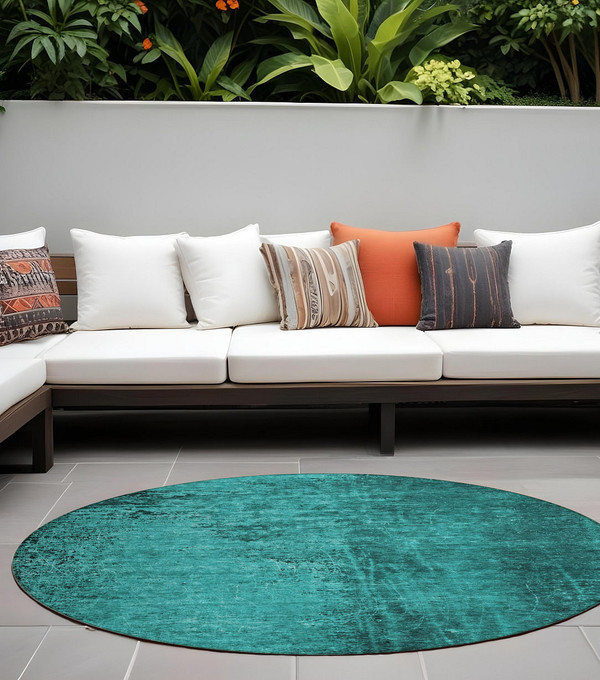 8' Round Teal Round Abstract Washable Non Skid Indoor Outdoor Area Rug N270-562736