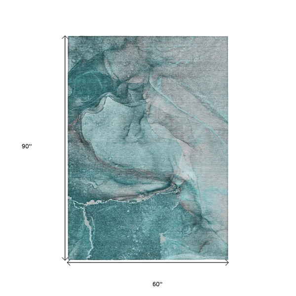 5' X 8' Teal Abstract Washable Non Skid Indoor Outdoor Area Rug N270-560604