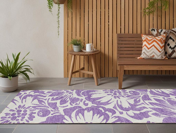 8' Runner Purple and Ivory Floral Washable Non Skid Indoor Outdoor Runner Rug N270-562516