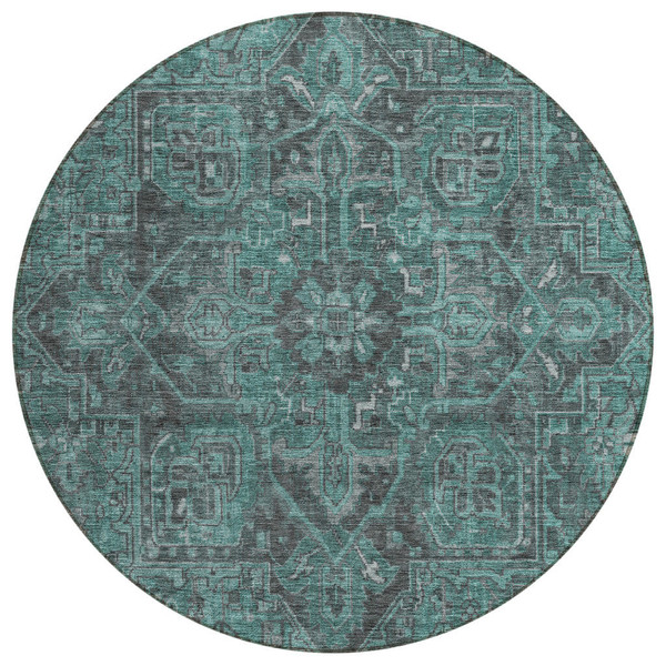 8' Round Turquoise Round Oriental Washable Non Skid Indoor Outdoor Area Rug N270-563849