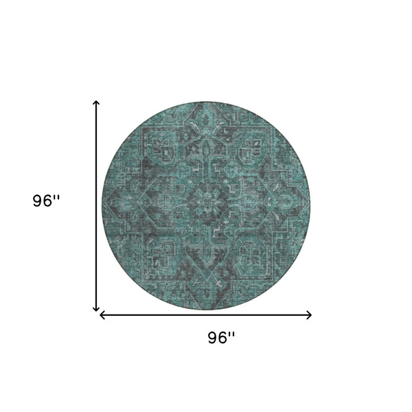 8' Round Turquoise Round Oriental Washable Non Skid Indoor Outdoor Area Rug N270-563849