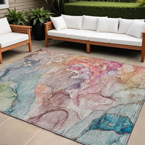 8' X 10' Blue Abstract Washable Non Skid Indoor Outdoor Area Rug N270-559174