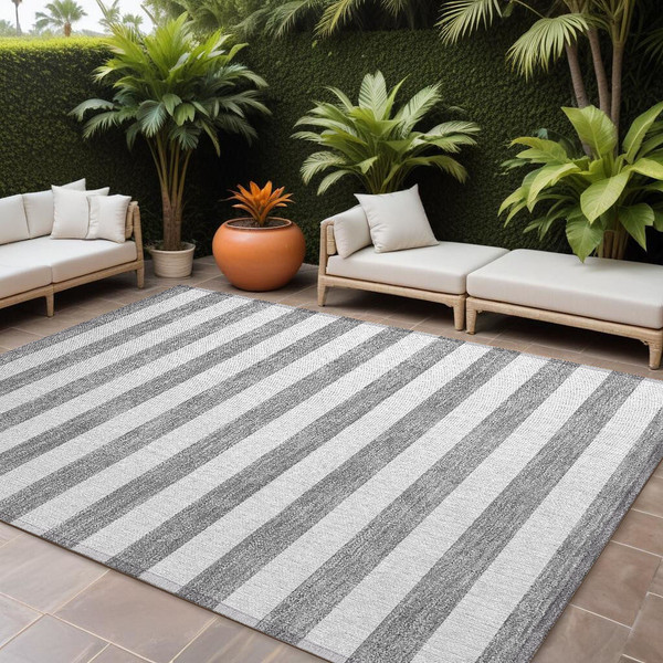 8' X 10' Gray and White Striped Washable Non Skid Indoor Outdoor Area Rug N270-560840