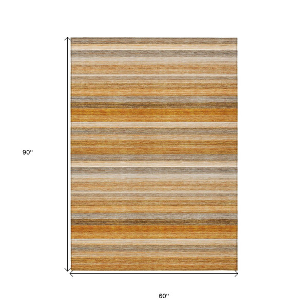 5' X 8' Brown and Orange Striped Washable Non Skid Indoor Outdoor Area Rug N270-561533