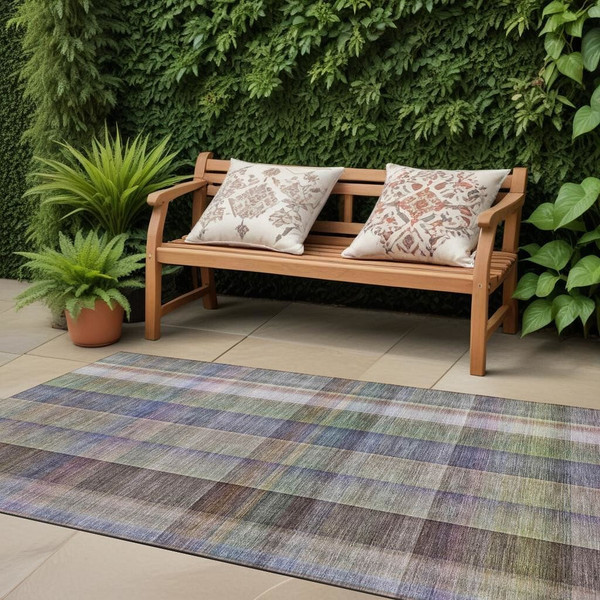 2' X 8' Gray Blue and Green Plaid Washable Non Skid Indoor Outdoor Area Rug N270-561492