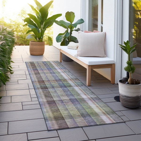 2' X 8' Gray Blue and Green Plaid Washable Non Skid Indoor Outdoor Area Rug N270-561492