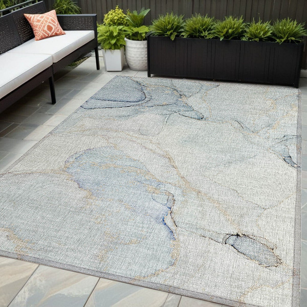 5' X 8' Beige and Blue Abstract Washable Non Skid Indoor Outdoor Area Rug N270-560559