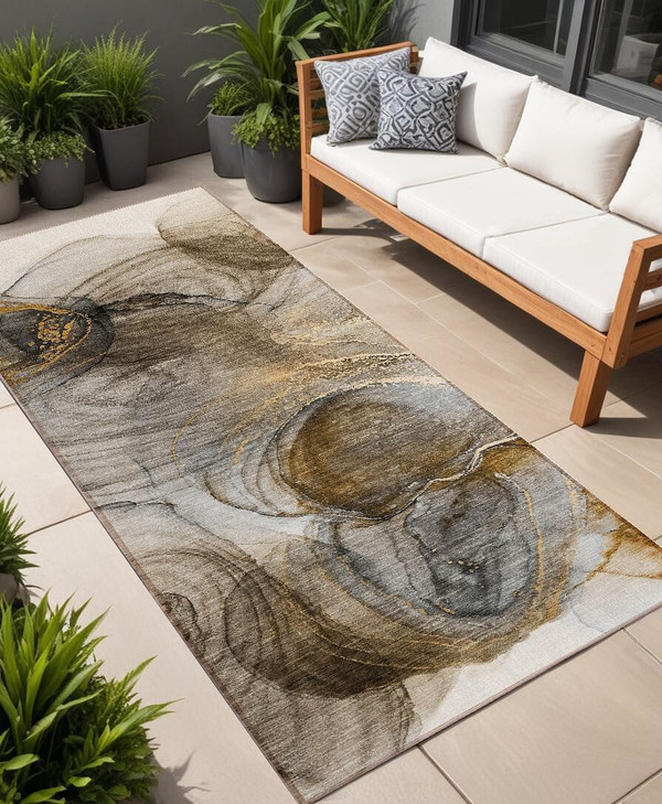 8' Runner Brown Abstract Washable Non Skid Indoor Outdoor Runner Rug N270-559984