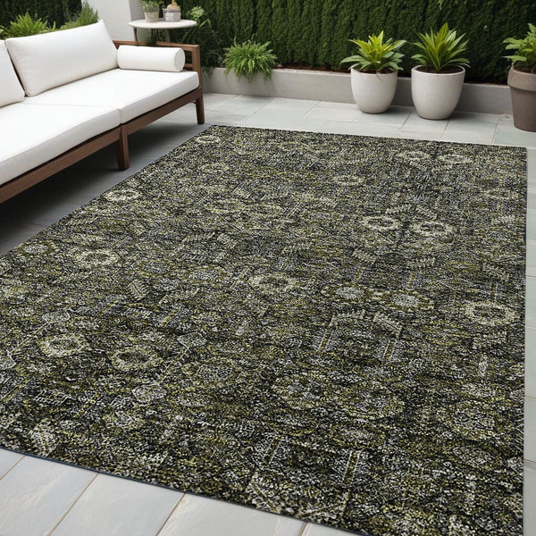 5' X 8' Moss Green and Gray Floral Washable Non Skid Indoor Outdoor Area Rug N270-564378