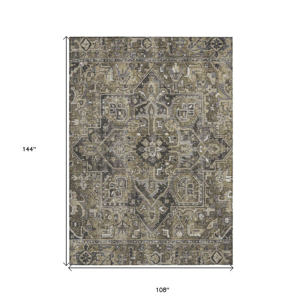 9' X 12' Taupe and Dark Taupe Oriental Washable Non Skid Indoor Outdoor Area Rug N270-563797