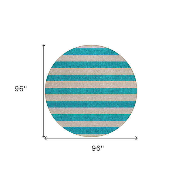 8' Round Turquoise Round Striped Washable Non Skid Indoor Outdoor Area Rug N270-561127