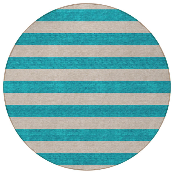 8' Round Turquoise Round Striped Washable Non Skid Indoor Outdoor Area Rug N270-561127