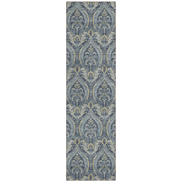 8' Runner Blue and Cream Damask Washable Non Skid Indoor Outdoor Runner Rug N270-563863
