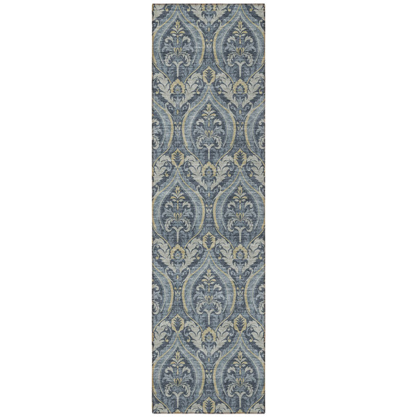 8' Runner Blue and Cream Damask Washable Non Skid Indoor Outdoor Runner Rug N270-563863