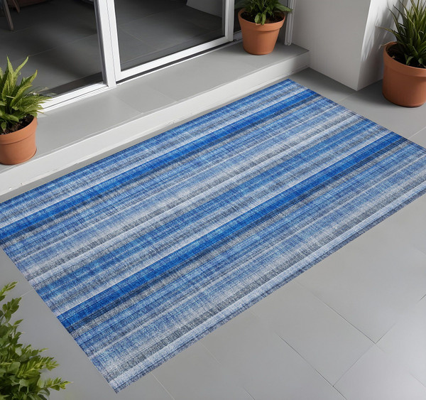 2' X 3' Blue Striped Washable Non Skid Indoor Outdoor Area Rug N270-562020