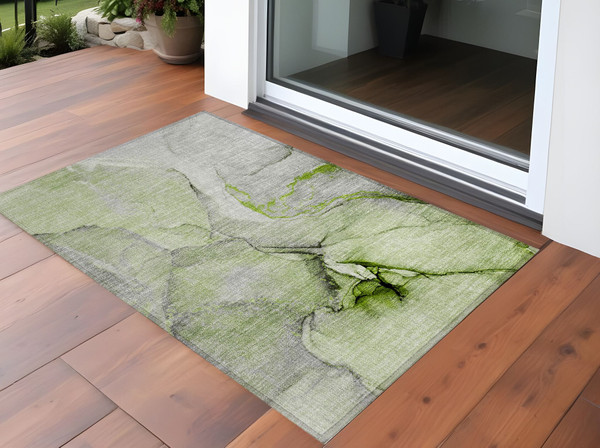 2' X 3' Green Abstract Washable Non Skid Indoor Outdoor Area Rug N270-559685