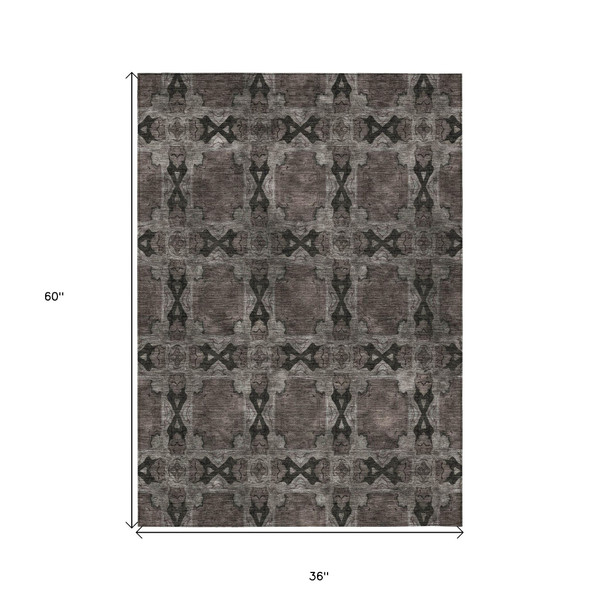 3' X 5' Gray and Black Floral Medallion Washable Non Skid Indoor Outdoor Area Rug N270-563424