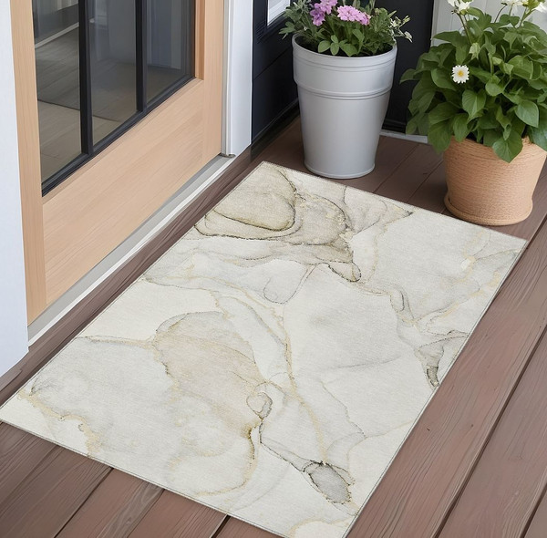 3' X 5' Beige and Ivory Abstract Washable Non Skid Indoor Outdoor Area Rug N270-560540