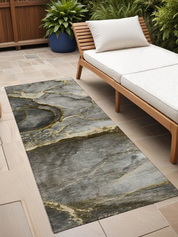 8' Runner Gray and Gold Abstract Washable Non Skid Indoor Outdoor Runner Rug N270-560610