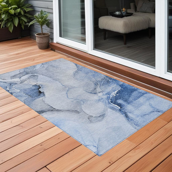 3' X 5' Blue and Gray Abstract Washable Non Skid Indoor Outdoor Area Rug N270-560450