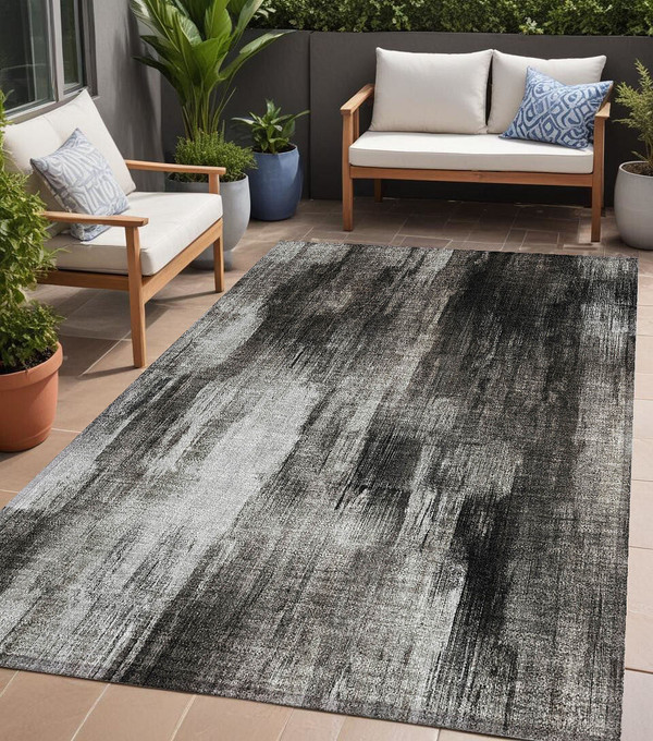5' X 8' Gray and Black Abstract Washable Non Skid Indoor Outdoor Area Rug N270-563605