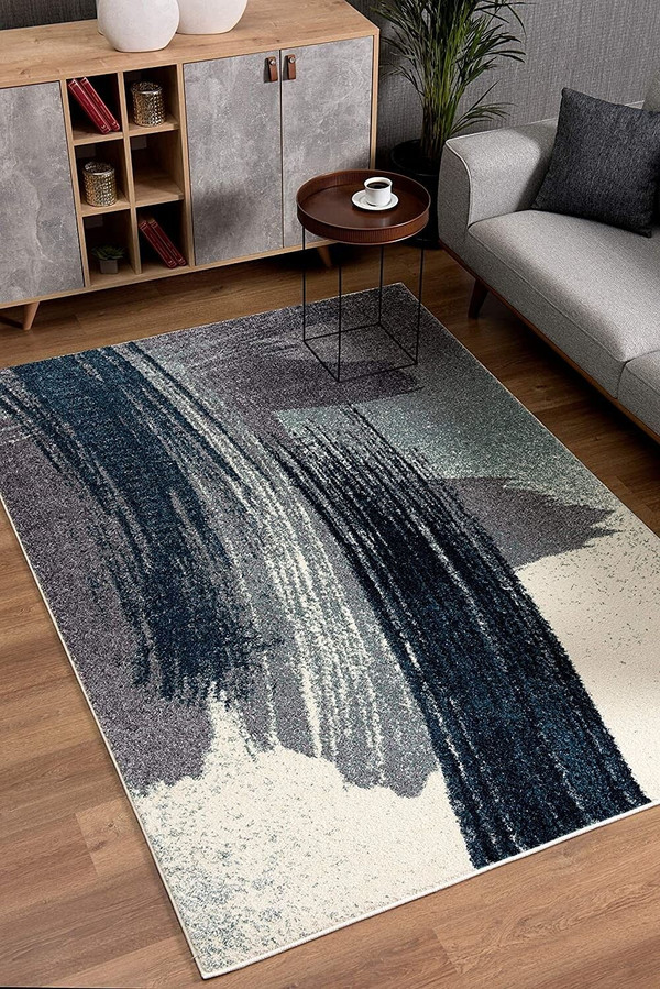 8' X 11' White And Blue Abstract Strokes Area Rug N270-390317