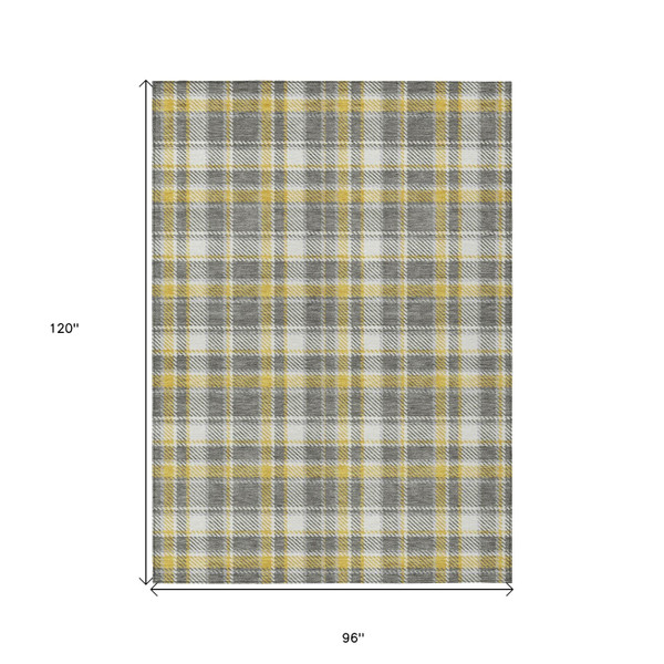 8' X 10' Gray Yellow and White Plaid Washable Non Skid Indoor Outdoor Area Rug N270-563355