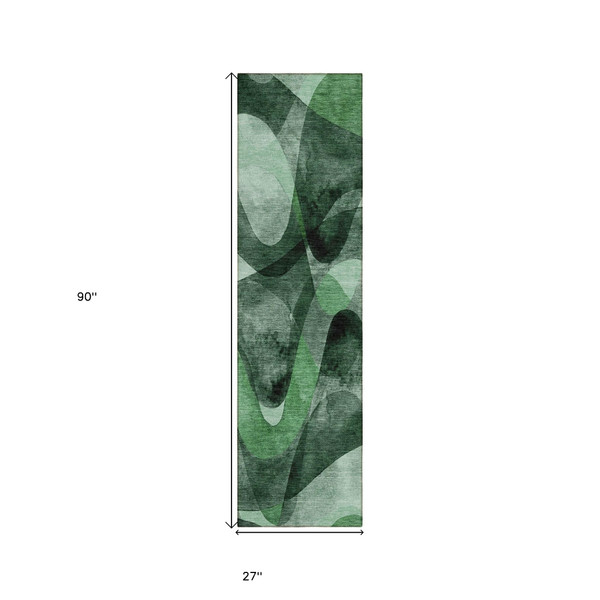 8' Runner Fern Green Abstract Washable Non Skid Indoor Outdoor Runner Rug N270-561589