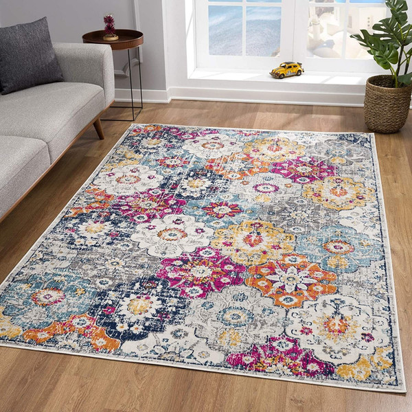 8' Runner Blue and Ivory Floral Runner Rug N270-392932