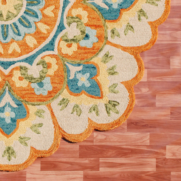 4' Orange and Blue Round Wool Floral Hand Tufted Area Rug N270-554452