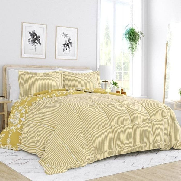 Full/Queen size 3-Piece Yellow White Reversible Floral Striped Comforter Set Q280-FQYE4599